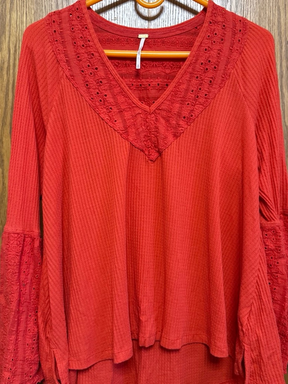Free People Red V‑Neck Lace Trim Tunic